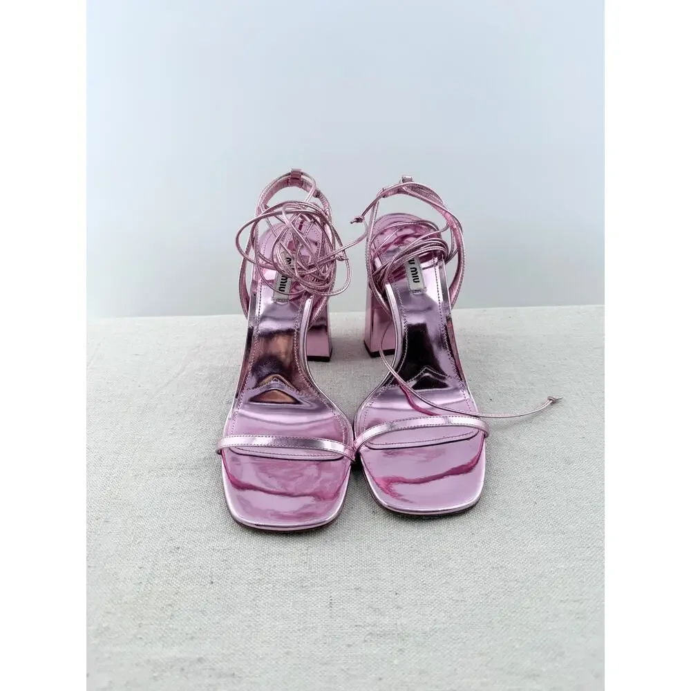 Miu Miu Metallic Leather Wrap-Around Ankle Lace Strappy Sandals Pink Women EU 40